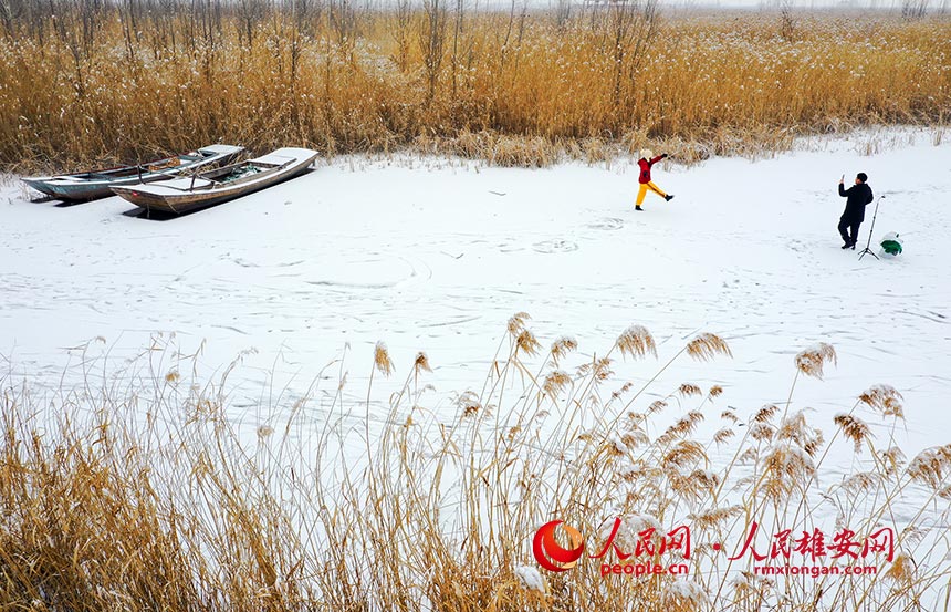 圖為雪后在雄安澱邊水村，有人在凍結實的冰面上拍照留念。張學農攝