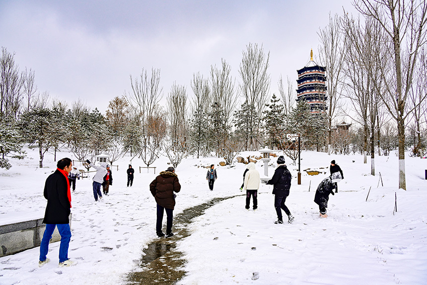 市民在雪中嬉戲。胡忠攝