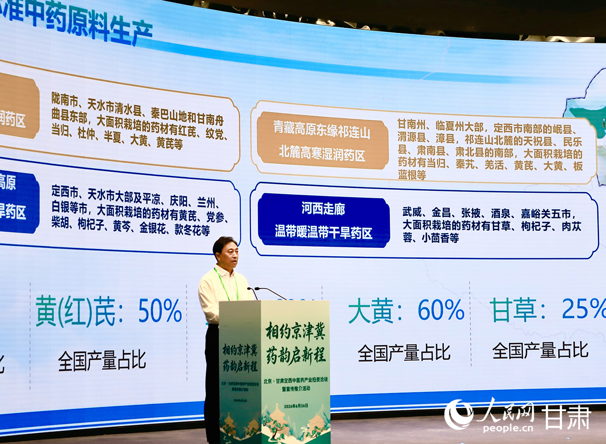甘肅省中醫藥管理局副局長王振華介紹優質招商項目。人民網記者 焦隆攝