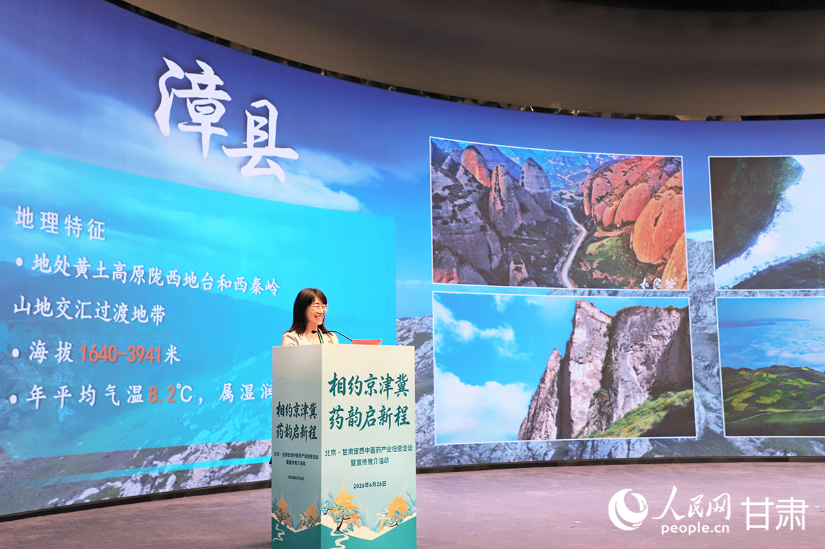 漳縣縣委常委、副縣長楊慧作縣域推介。人民網記者 焦隆攝